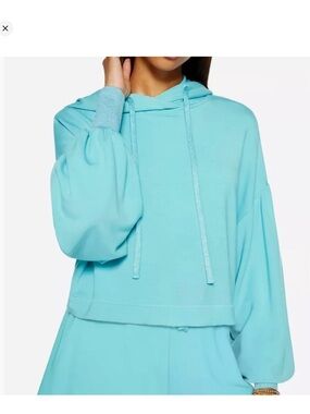 Ramy Brook Tatum Hoodie Puff Sleeve Hooded Cropped Sweatshirt Turquoise Medium M